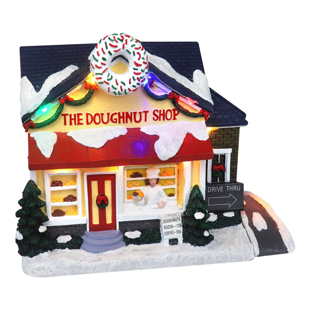 Christmas Village Doughnut Shop - Lighted Musical Snow Village Collectible Building Houses - Perfect Addition to Your Christmas Indoor Decorations & Holiday Displays