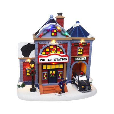 Christmas Village Animated Police Station - Pre-lit Musical Snow Village Collectible Building - Perfect Addition to Your Christmas Indoor Decorations & Holiday Displays - Made of Resin (Moving Car)