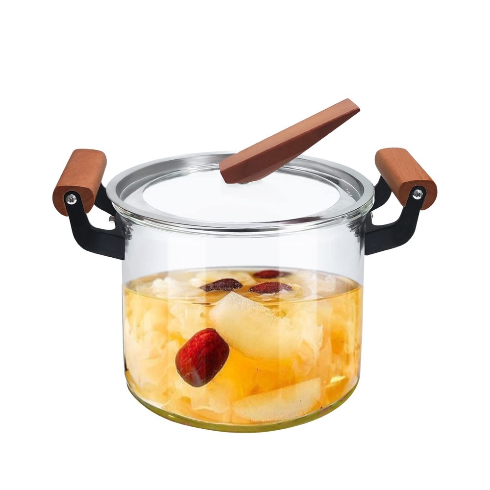ABHOME Glass Saucepan with Lid for Cooking Glass Pot Stovetop 5L Heat Resistant Wooden Double Handles Stovetop Clear Glassware for Cooking Milk, Pasta & Baby Food
