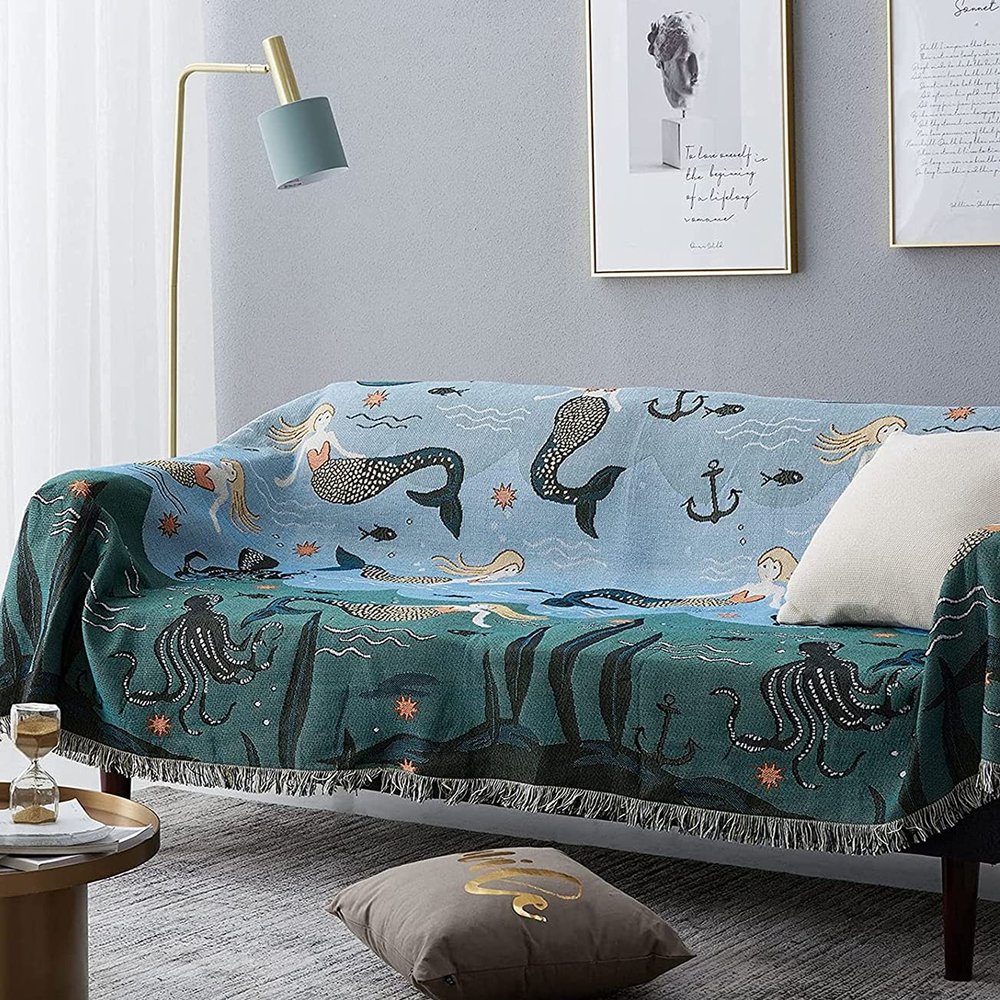 GYROHOME Sofa Slipcover,Throw Blanket for Couch with Tassels for Chair,Bed,Sofa,Suitable for All Seasons(63x87 Inches,Mermaid),Furniture Protector Slipcover Machine Washable