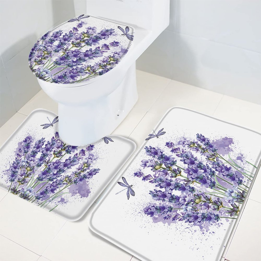 3 PCS Bathroom Rugs and Mats Sets Lavender Dragonfly on White Back Non Slip Water Absorbent Bath Rug, Toilet Seat/Lid Cover, U-Shaped Toilet Mat, Home Decor Doormats Purple Flower Insect