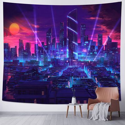 Aidatain Neon City Night View Punk Cityscape Tapestry - Flannel Extra Large 84x90 Inches for Bedroom Living Room GTCCAT319