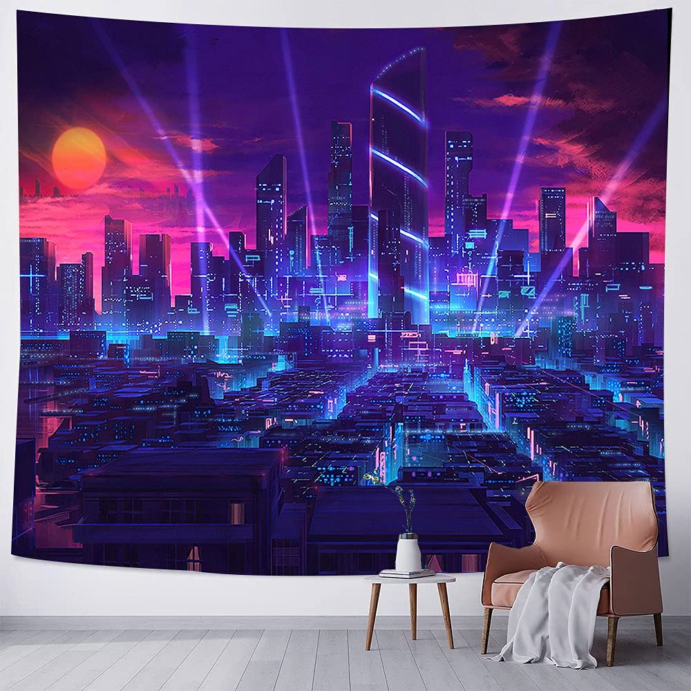 Aidatain Neon City Night View Punk Cityscape Tapestry - Flannel Extra Large 84x90 Inches for Bedroom Living Room GTCCAT319