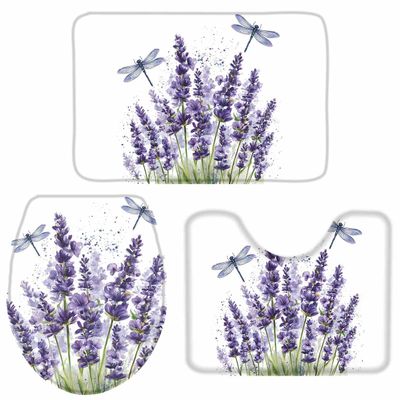 3 PCS Bathroom Rugs and Mats Sets Lavender Dragonfly on White Back Non Slip Water Absorbent Bath Rug, Toilet Seat/Lid Cover, U-Shaped Toilet Mat, Home Decor Doormats Purple Flower Insect