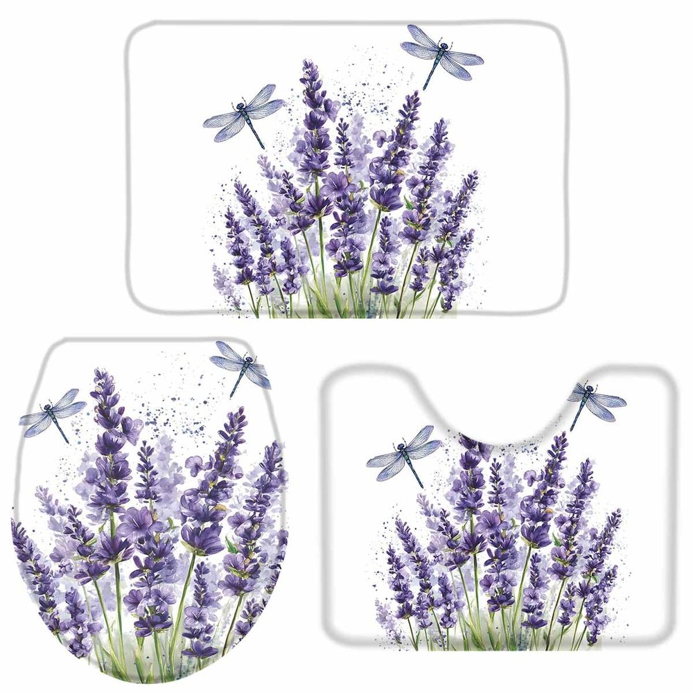 3 PCS Bathroom Rugs and Mats Sets Lavender Dragonfly on White Back Non Slip Water Absorbent Bath Rug, Toilet Seat/Lid Cover, U-Shaped Toilet Mat, Home Decor Doormats Purple Flower Insect