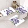3 PCS Bathroom Rugs and Mats Sets Lavender Dragonfly on White Back Non Slip Water Absorbent Bath Rug, Toilet Seat/Lid Cover, U-Shaped Toilet Mat, Home Decor Doormats Purple Flower Insect view 2