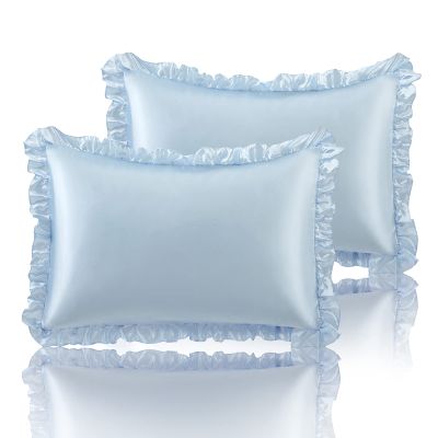 SiinvdaBZX Ruffled Queen Satin Pillowcase Set of 2, Baby Blue Silky Satin Pillow Cases for Women Ruffle Pillow Shams Covers Princess Room Decoration, with Envelope Closure