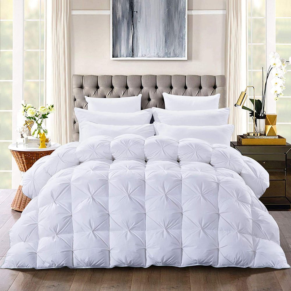 100% Cotton All Season Down Alternative Pintuck Comforter Grand King Size (106" x 106") 3 Piece White Pinch Pleated Comforter Corner Tabs
