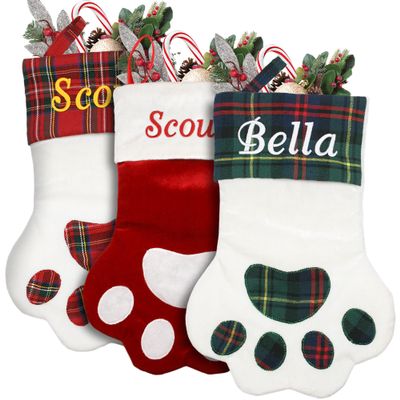 GoTags Personalized Christmas Stocking for Dogs and Cats, Paw Shape Stocking Custom Embroidered with Pet Name