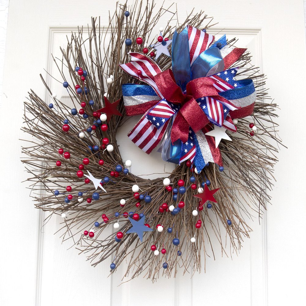 Patriotic wreath for front door, 4th of july, Americana Red White Blue decorations. Summer wreath