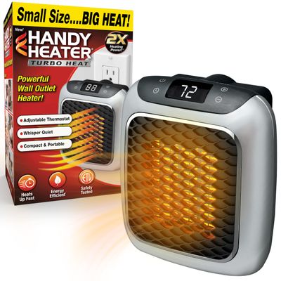Ontel Handy Heater Turbo Wall Outlet Plug In Heater Portable Indoor Ceramic Space Heater w/Adjustable Thermostat, 12-Hour Timer, Auto Shut Off, Quiet Plug In Wall for Office, Bedroom, Camping