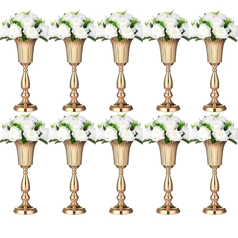 10Pcs Gold Vase Centerpiece Table Decorations - Metal Tabletop Flower Stand, Wedding Decorations for Reception, 15.6in Trumpet Tall Flower Vase for Birthday, Weddings, Anniversary Ceremony, Home Decor