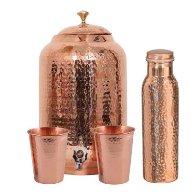 Hand Crunch Pure copper drinkware water dispenser - 8L- hammered finish- Pot ayurveda health healing 8 Liter storage capacity water container tank with 2 matching tumbler glasses & 1 copper Bottle