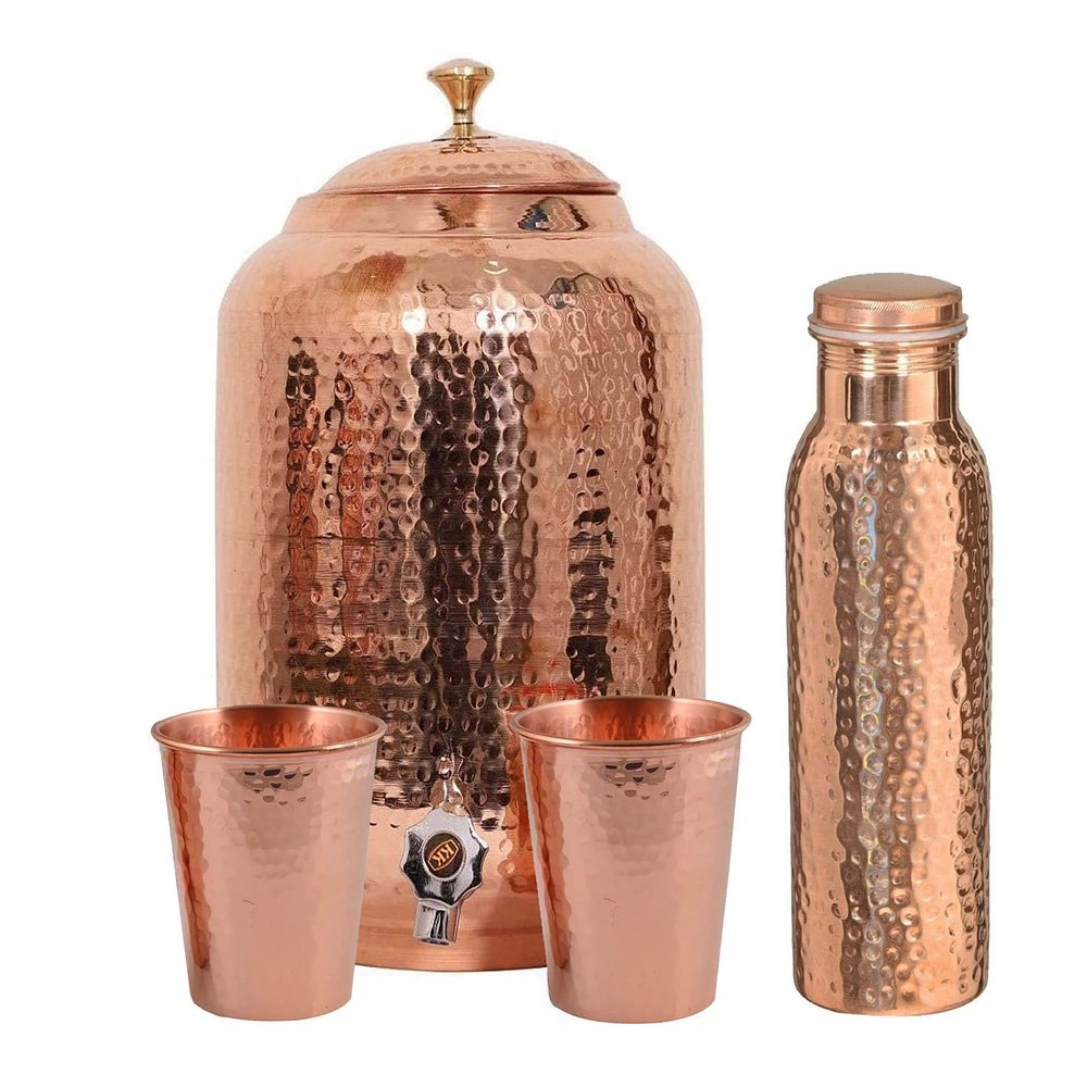 Hand Crunch Pure copper drinkware water dispenser - 8L- hammered finish- Pot ayurveda health healing 8 Liter storage capacity water container tank with 2 matching tumbler glasses & 1 copper Bottle