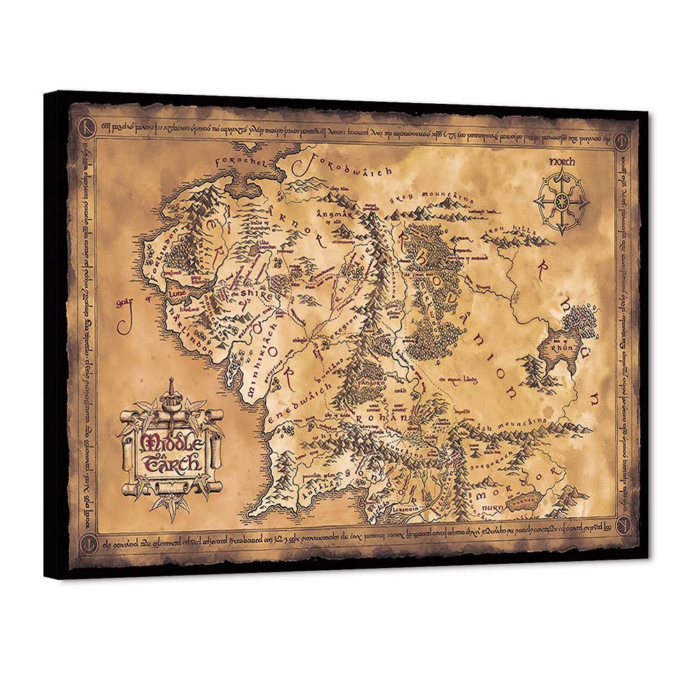 GUTTATY Middle Earth Map Canvas Wall Art Movie Map HD Print - Retro Middle Earth Map Canvas Painting for Home Wall Decor, Vintage Movie World Map Poster Framed Artwork for Room Decor (28" Hx40 W)