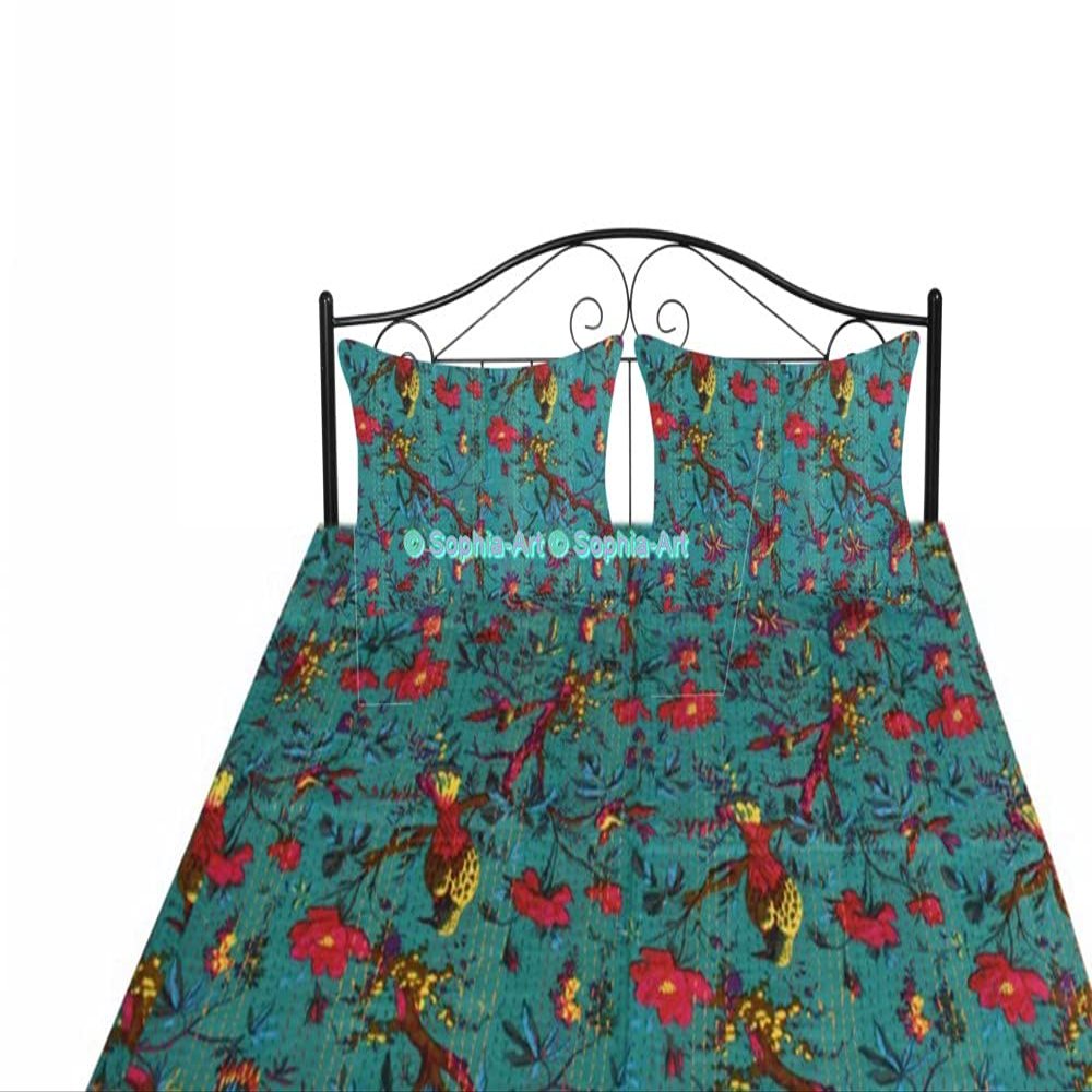 Sophia-Art Twin/King Bed Bohemian Bird Queen Bedspread Handcrafted Handmade Quilt Kantha Bird Print Cover Unique Blanket Bedding Quilt (Turquoise, California King 108"x108" with Sham Cover)