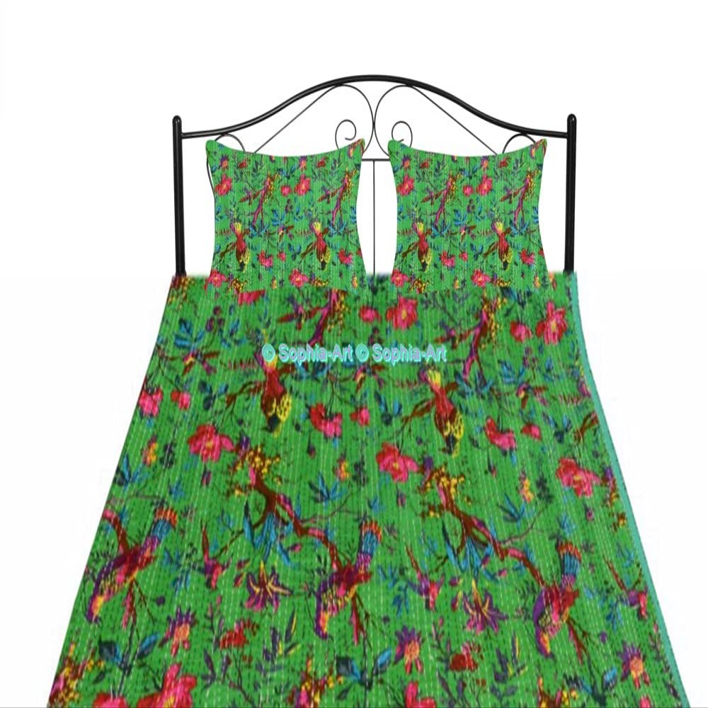 Sophia-Art Twin/King Bed Bohemian Bird Queen Bedspread Handcrafted Handmade Quilt Kantha Bird Print Cover Unique Blanket Bedding Quilt (Dark Green, California King 108"x108" with Sham Cover)