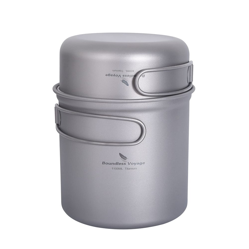Boundless Voyage Titanium Pan Pot Set with Folding Handle Ultralight for Outdoor Camping Picnic Cooking Tableware Dishes 400ml(pan)+1100ml(Pot) A-Ti2050C