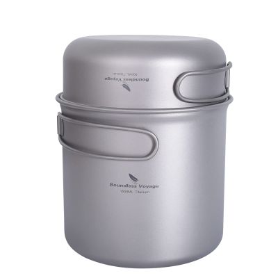 Boundless Voyage Titanium Pan Pot Set with Folding Handle Ultralight for Outdoor Camping Picnic Cooking Tableware Dishes 500ml(pan)+1500ml(Pot) A-Ti2051C