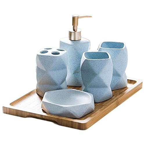 XIXIDIAN 6 Piece Bathroom Accessories Set Geometric Design Ceramics Tumbler Dispenser Soap Dish Cups Toothbrush Holder and Bamboo Tray Liquid Dispenser (Color : Blue)