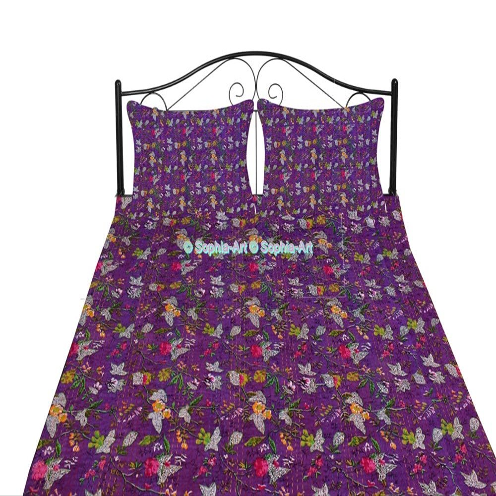 Sophia-Art Indian Twin/King Bird of Paradise Print Quilt Kantha Blanket Bed Cover Kantha Bedspread Bohemian Bedding Kantha Blanket Throw