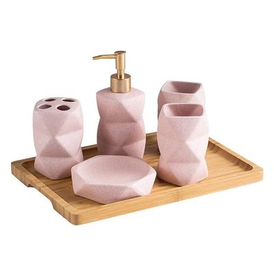 XIXIDIAN 6 Piece Bathroom Accessories Set Geometric Design Ceramics Tumbler Dispenser Soap Dish Cups Toothbrush Holder and Bamboo Tray Liquid Dispenser (Color : Pink)