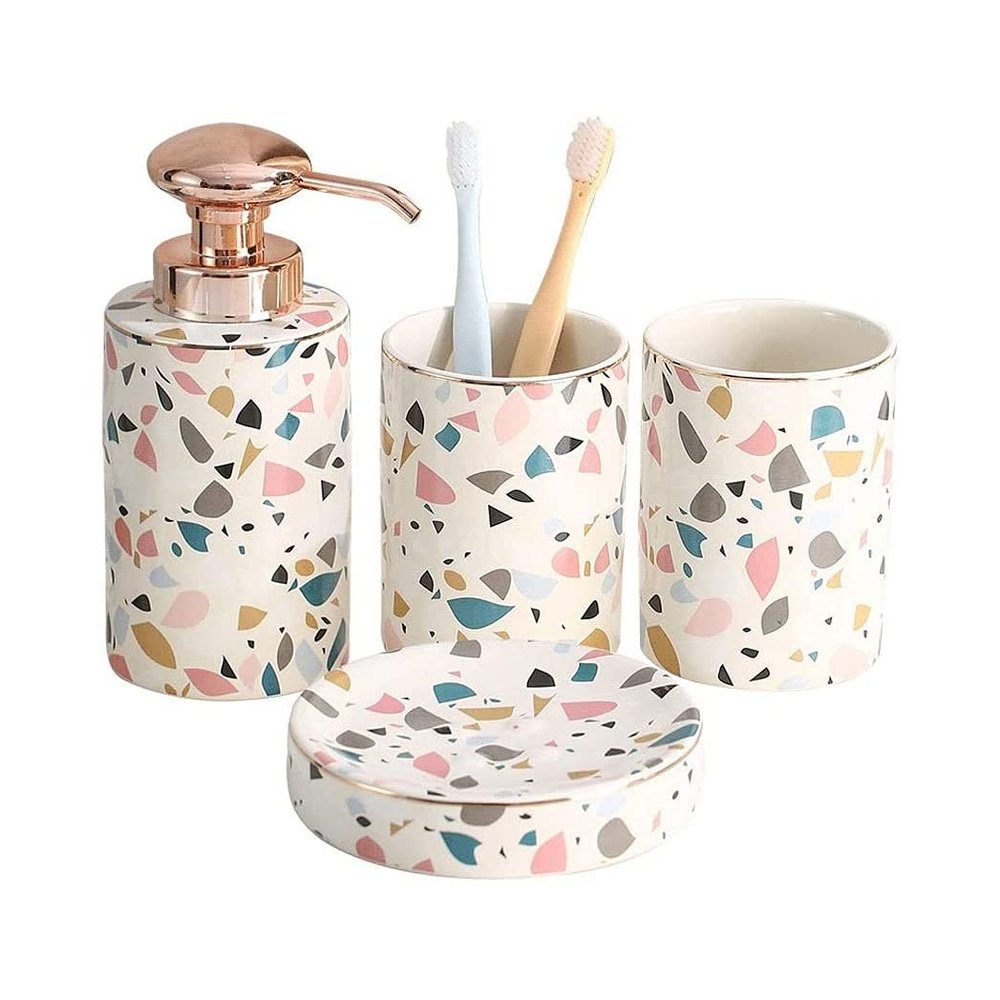 XIXIDIAN 4 Piece Ceramic Bathroom Accessories Set Marble Rainbow Texture Complete Bath Decor Kit Includes Lotion Dispenser Tumbler