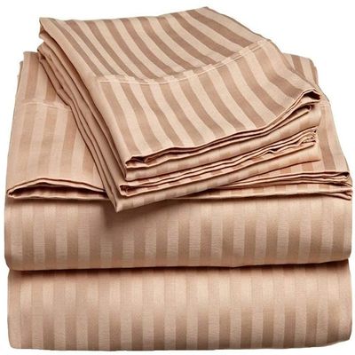 Apsley Linen Damask Stripe Combed Cotton 4-PCs Sheet Set Fits Mattress 15-18'' Deep Pocket Luxurious Bedding Set Sateen Weave Silky Soft Breathable (Short Queen, Beige)