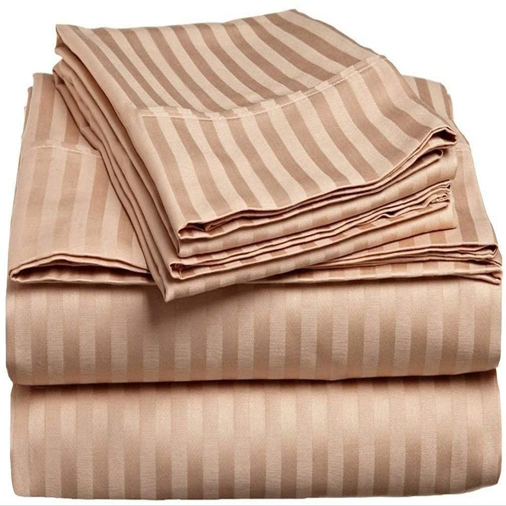 Apsley Linen Damask Stripe Combed Cotton 4-PCs Sheet Set Fits Mattress 15-18'' Deep Pocket Luxurious Bedding Set Sateen Weave Silky Soft Breathable (Short Queen, Beige)