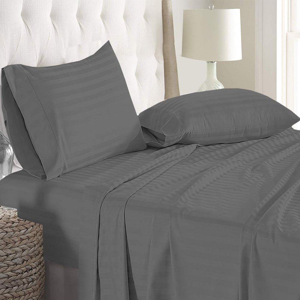 Apsley Linen Damask Stripe Combed Cotton 4-PCs Sheet Set Fits Mattress 15-18'' Deep Pocket Luxurious Bedding Set Sateen Weave Silky Soft Breathable (Full, Grey)