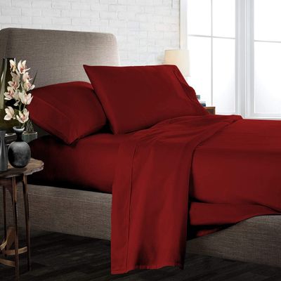 Apsley Linen Solid Color Combed Cotton 6-PCs Sheet Set (1 Fitted, 1 Flat, 4 Pillowcase) Fits 15-18'' Deep Pocket Sateen Weave Silky Soft Breathable (King, Burgundy)