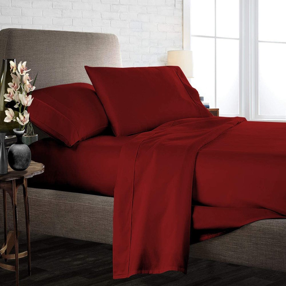 Apsley Linen Solid Color Combed Cotton 6-PCs Sheet Set (1 Fitted, 1 Flat, 4 Pillowcase) Fits 15-18'' Deep Pocket Sateen Weave Silky Soft Breathable (King, Burgundy)