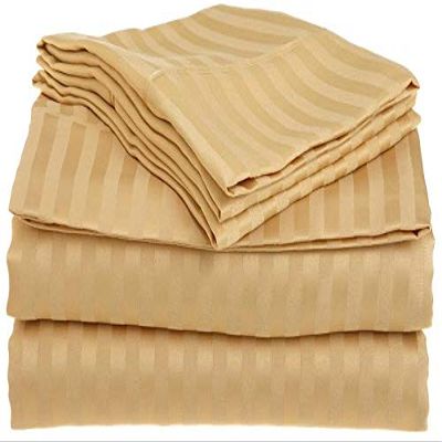 Apsley Linen Damask Stripe Combed Cotton 4-PCs Sheet Set Fits Mattress 15-18'' Deep Pocket Luxurious Bedding Set Sateen Weave Silky Soft Breathable (California King, Gold)