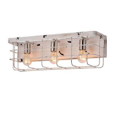 Edvivi 3-Light Caged Vanity Light, Antique White Wood Industrial Farmhouse Decor Lighting, Wall Lights Fixtures for Mirrors, Bedroom, Living Room, Hallway, Bathroom