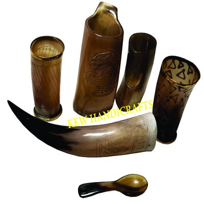 KEW HANDICRAFTS Viking Drinking Horn- Horn Mug -Spoon with Free Horn Two Shot Glass Set-5