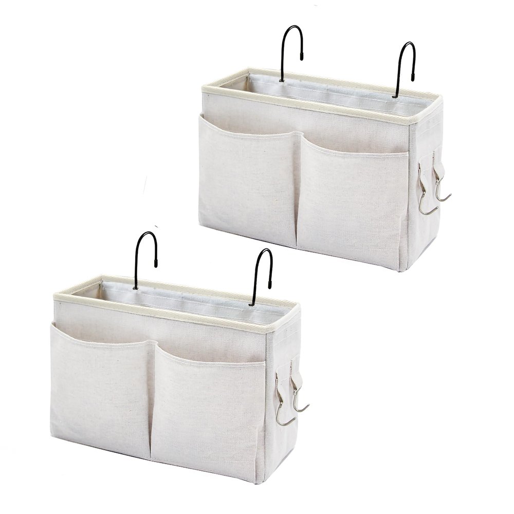 Someteth Bedside Caddy Organizer & Bedside Storage Basket Multi-Function Organizer for Bunk, Hospital Beds, Dorm Bed Rails,| Holds Magazines, Books, Glasses, Phone | Space-Saving (White 2 Pack)