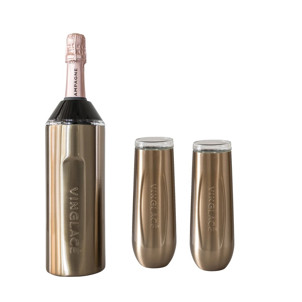 Vinglac Champagne Bottle Chiller Gift Set- Portable Stainless Steel Sparkling Wine Cooler with 2 Stemless Champagne Flutes, Copper