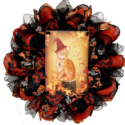 Happy Halloween Kitty Deco Mesh Handmade Wreath. Available in 24 inch and 28 inch diameters