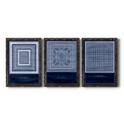 Wall Art, Kitchen Dcor, Beach, Nautical, Cottage, French Country, Lodge, Geometric, Black Barnwood Framed Canvas, 3 Piece Set, Indigo Tile IV 31X43
