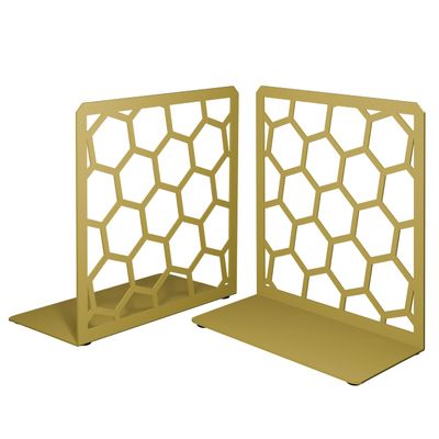 Gold Geometric Honeycomb Metal Bookends - Book Ends for Shelves - Decorative Modern Heavy Duty Bookend Stopper - Book Ends for Heavy Books - Home Office Book Holder - 1 Pair, 6x3.25x6.25 in