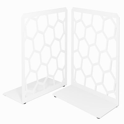 White Geometric Honeycomb Metal Bookends - Book Ends for Shelves - Decorative Modern Heavy Duty Bookend Stopper - Book Ends for Heavy Books - Home Office Book Holder - 1 Pair, 6x3.25x6.25 in