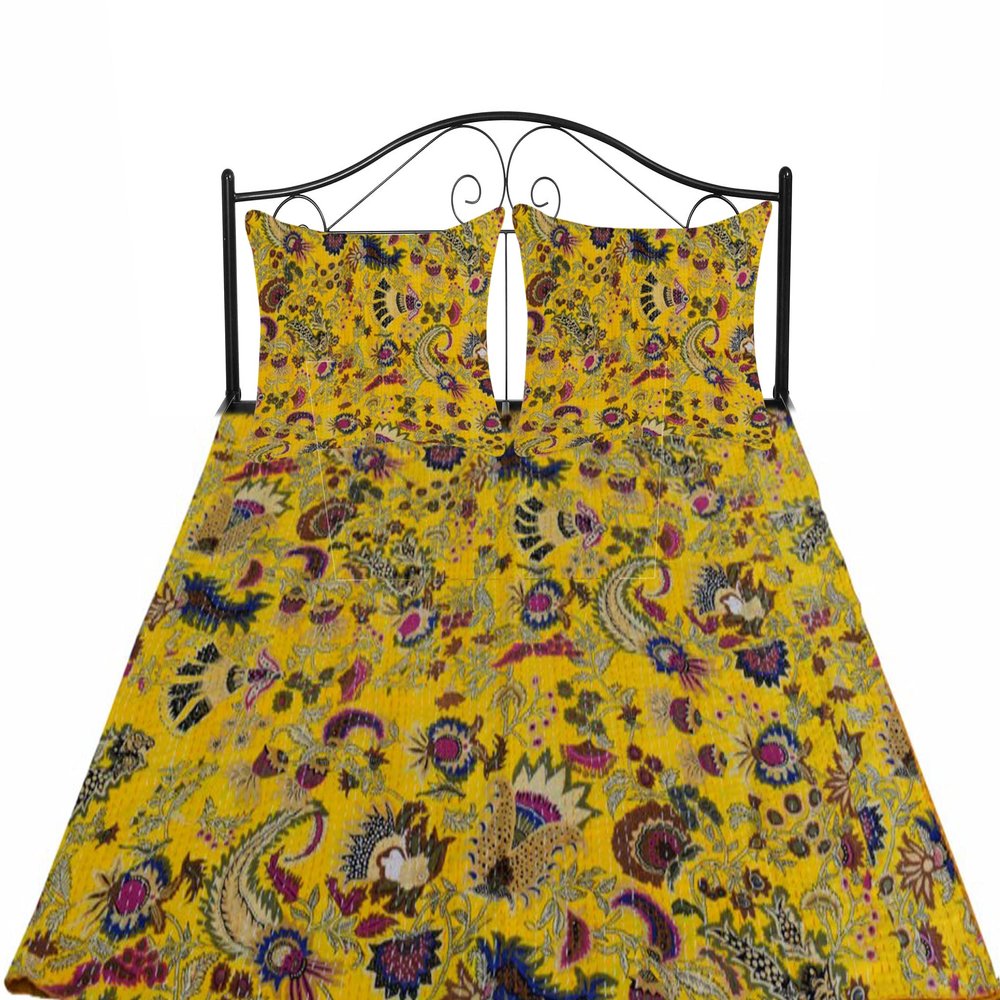 Sophia-Art Twin/Queen Multicolor Handmade Mukut Print Kantha Quilt Kantha Blanket Bed Cover King Kantha Bedspread Bohemian Bedding