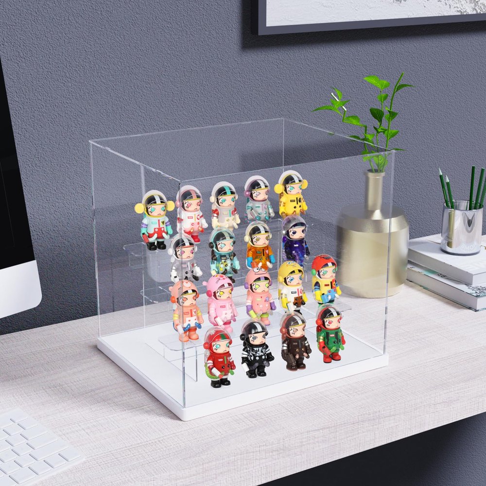 Nynelly Acrylic Display Case for Collectibles, 4 Tier Clear Miniature Display Box with Door, Assemble Countertop Showcase for Figures, Funko Pop, Dolls, Transparent Steps,White,12.5"x9.4"x11.6"
