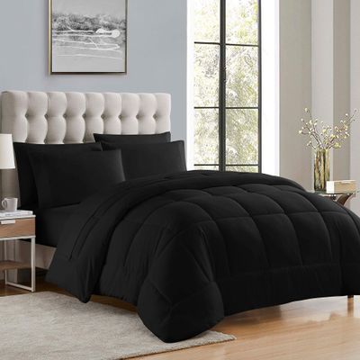 100% Cotton 600 TC 7 PC Premium Alternative Bed in A Bag Includes-1 Fitted 18" Dp, 1 Flat,4 Pillow Cases,1 Box Stitched Lightweight Comforter (Oversized King Size- Black)