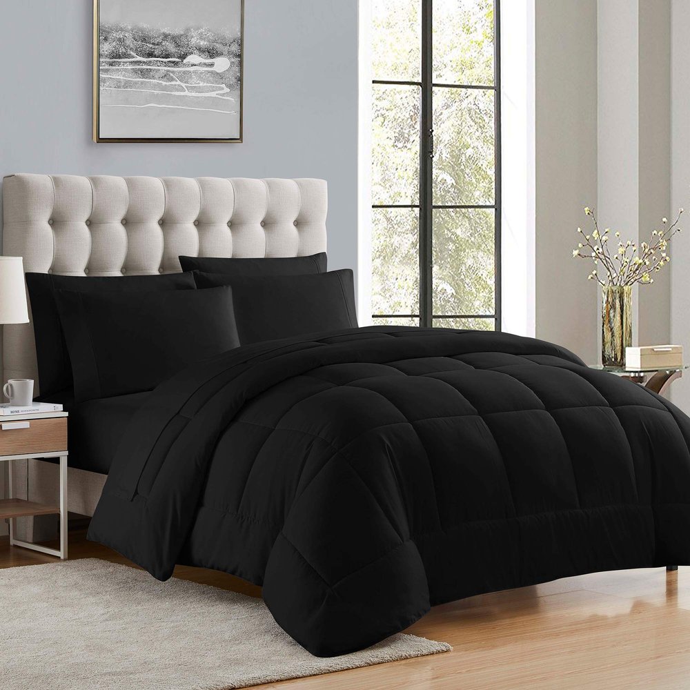 100% Cotton 600 TC 7 PC Premium Alternative Bed in A Bag Includes-1 Fitted 18" Dp, 1 Flat,4 Pillow Cases,1 Box Stitched Lightweight Comforter (Oversized King Size- Black)