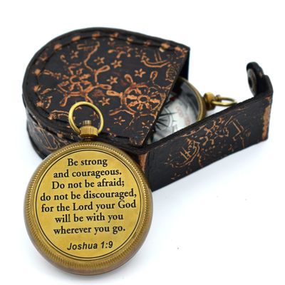 Be Strong and Courageous (Joshua 1:9) Brass Compass with wooden Box-Engraved Scripture Prayer Compass Religious Gift for Men & Women - Baptism, Confirmation, Communion Compass for Boys Graduation Gift
