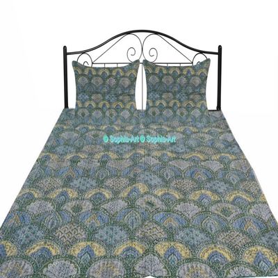 Bedspread Blanket Cover Bed Bedding Rainbow Print Quilt Indian Handmade Bohemian Kantha Cotton Sofa Kantha Kantha Cover Quilt (Gray, Twin 60"x90" with Sham Cover)