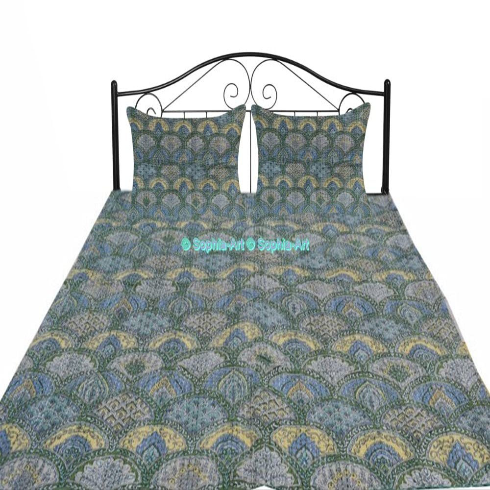 Bedspread Blanket Cover Bed Bedding Rainbow Print Quilt Indian Handmade Bohemian Kantha Cotton Sofa Kantha Kantha Cover Quilt (Gray, Twin 60"x90" with Sham Cover)