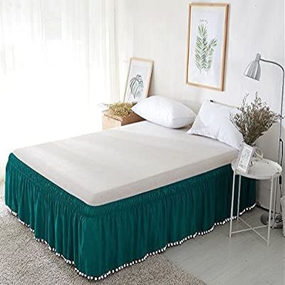 Kings Loft Pom Pom Wrap Around BedSkirt 100% Egyptian Cotton 800 Thread Count, Top-Knot Tassle White Pompom Fringe Solid Pattern, 10 Inch Drop California King Size, Teal Solid