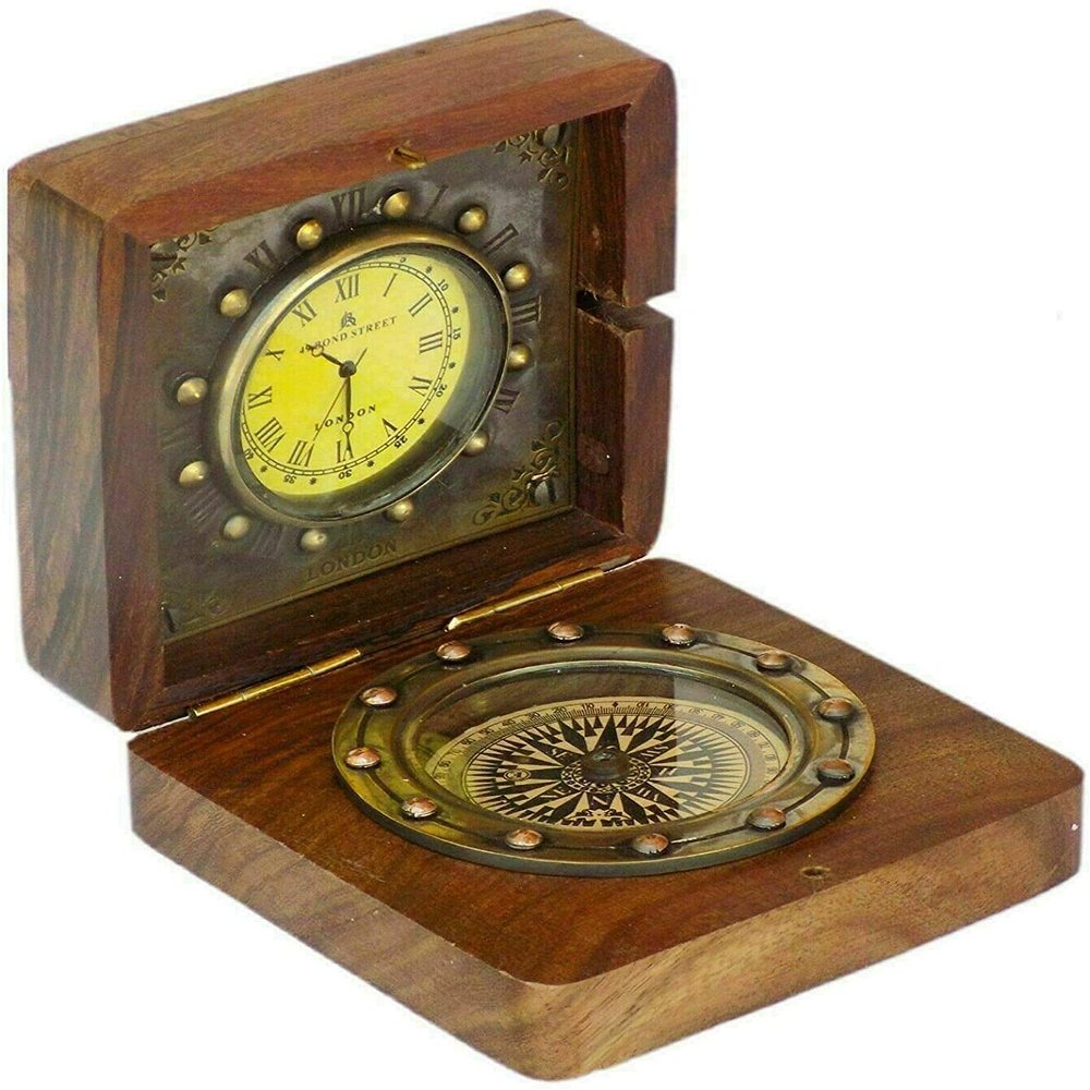 Antique Nautical Brass Wooden Maritime Desk Pocket Compass with Clock Gift Decorative Gift Item